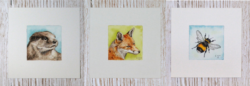 miniature wildlife paintings otter, red fox, puffin